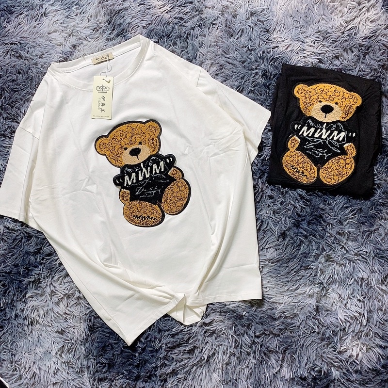 Áo thun quảng châu tay lỡ form rộng, áo phông nam nữ oversize chất cotton in họa tiết gấu thêu M10