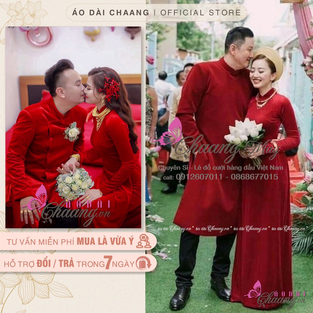 Áo dài cưới cặp đôi cô dâu chú rể may sẵn áo dài nhung đỏ đẹp sang thumbnail