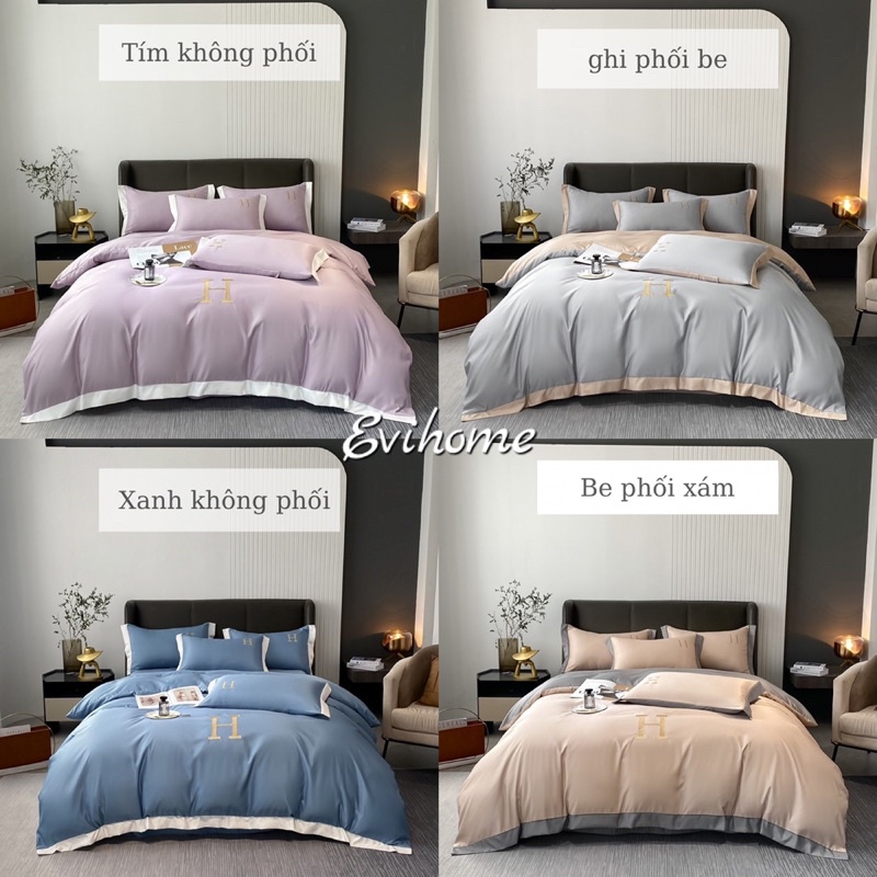 Bộ Chăn Ga Gối Phi Lụa Thêu Chữ "H" Hot Trend 2022 Sang Trọng 10 Tone Màu Siêu Sang