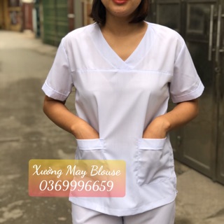 Áo phẫu thuật NỮ màu trắng - áo blouse trắng nữ cổ tim
