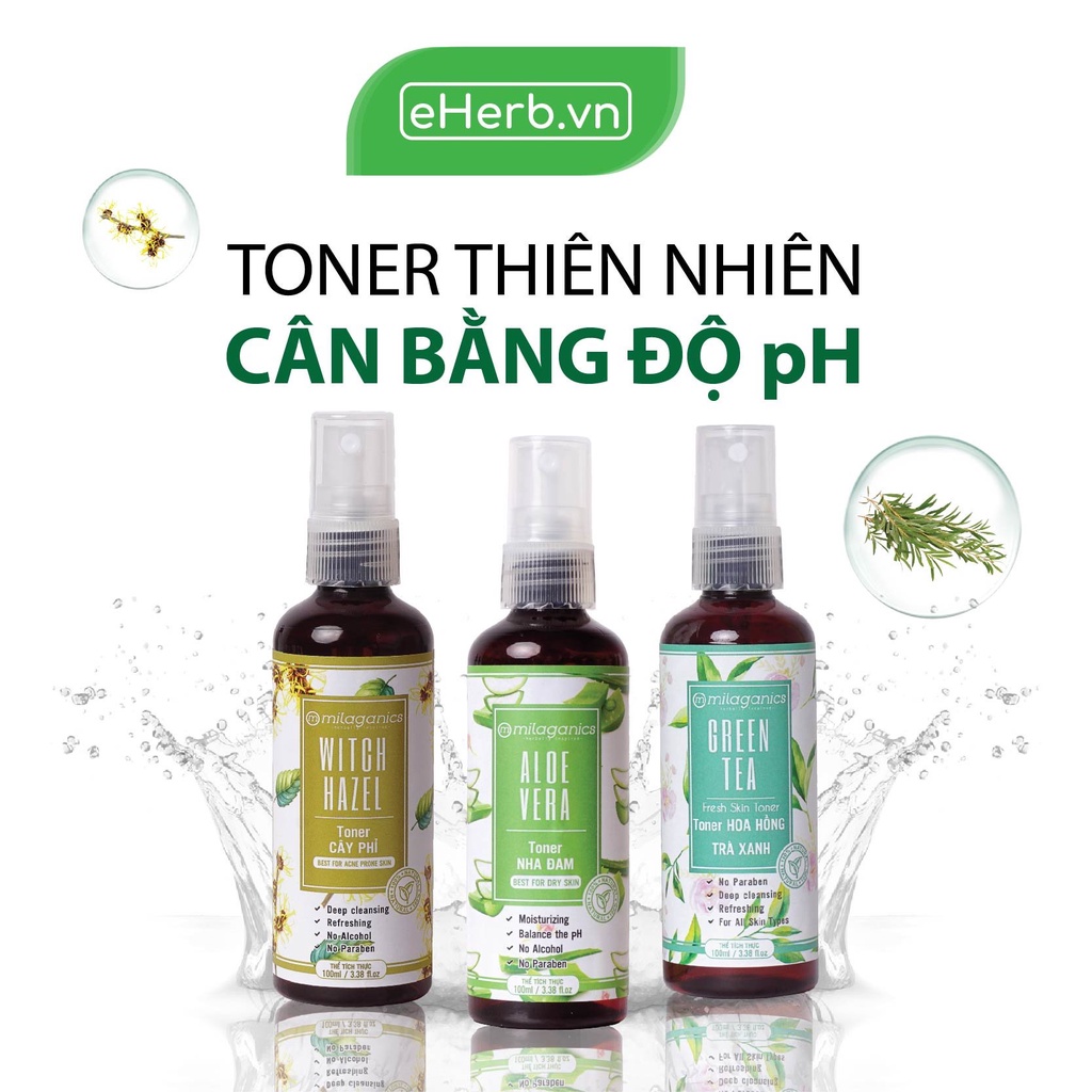 Toner Nước Hoa Hồng Thiên Nhiên Cấp Ẩm Dịu Nhẹ: Tràm Trà, Cây Phỉ, Hoa Hồng, Nha Đam MILAGANICS 100ml (Chai)