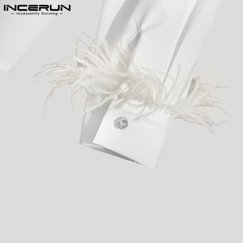 Áo sơ mi INCERUN dáng rộng tay dài màu trắng đính lông vũ cho nam