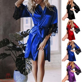 Women Sexy Lingerie Sleepwear Silk Lace Comfortable Solid Color Nightgown Bathrobes
