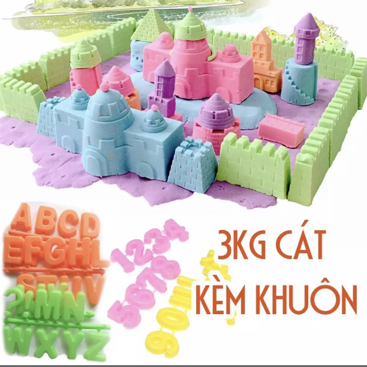 [Tặng xẻng]Combo 3kg cát động lực Kèm khuôn CHỮ CÁI VÀ SỐ - Cát khu vui chơi- Cát vi sinh không dính tay, không ra màu