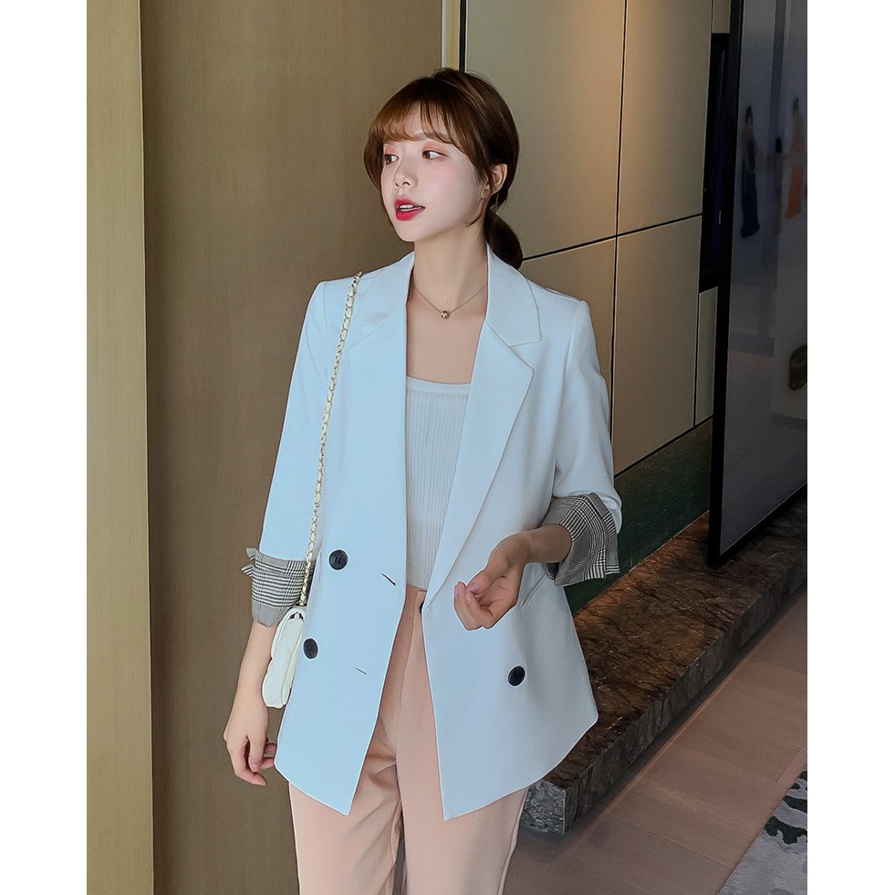 Áo Blazer màu trắng cổ tay caro, vest công sở kiểu hàn quốc, khoác blazer chất vải cao cấp TN1318-T