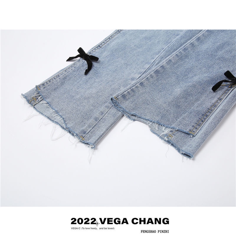 Bow knot split jeans women's spring and autumn style high waist new Korean version ins loose micro straight tube pants
