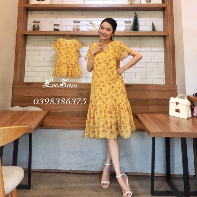 váy đôi mẹ và bé hoa vàng maxi cực xinh sang chảnh