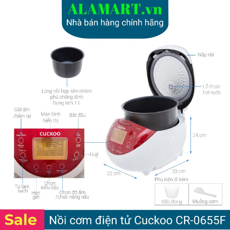 Nồi cơm điện Cuckoo CR-0655F (1.08L) dùng cho 2-4 người ăn nấu 0.5kg gạo