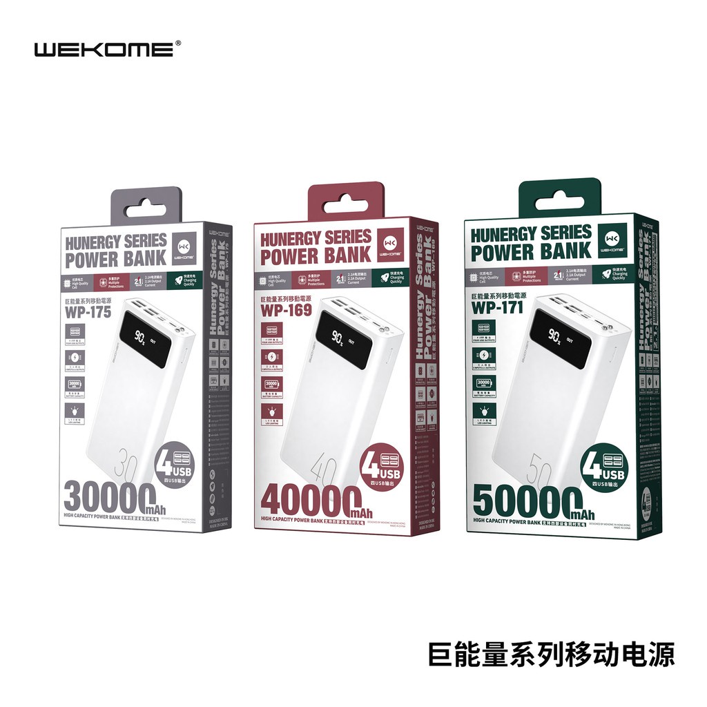 Pin sạc dự phòng 30000mah WK 175, sạc đa năng - đèn led hiển thị pin, 4 cổng USB đa năng, hàng chính hãng
