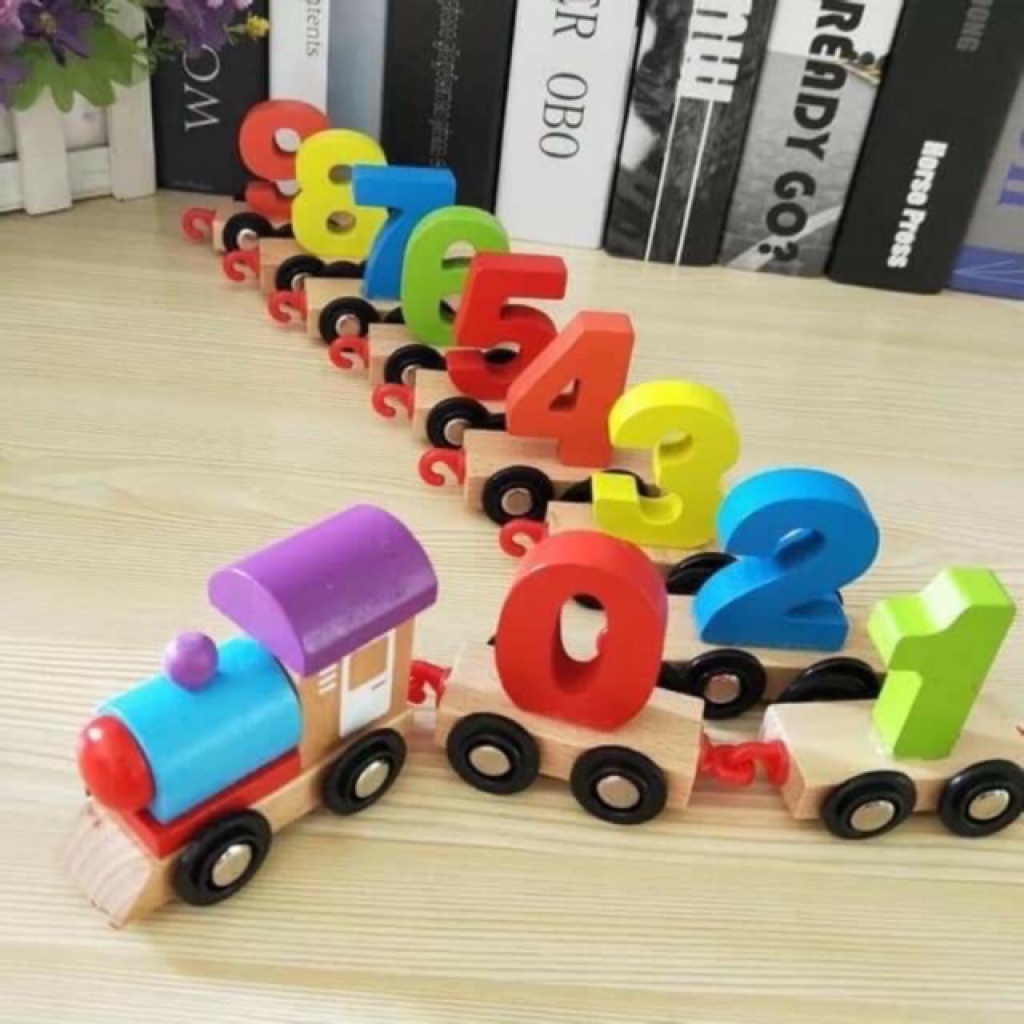 Đồ chơi cho bé, đoàn tàu hỏa thả hình số học bằng gỗ cho bé - đồ chơi gỗ Bonkids toys