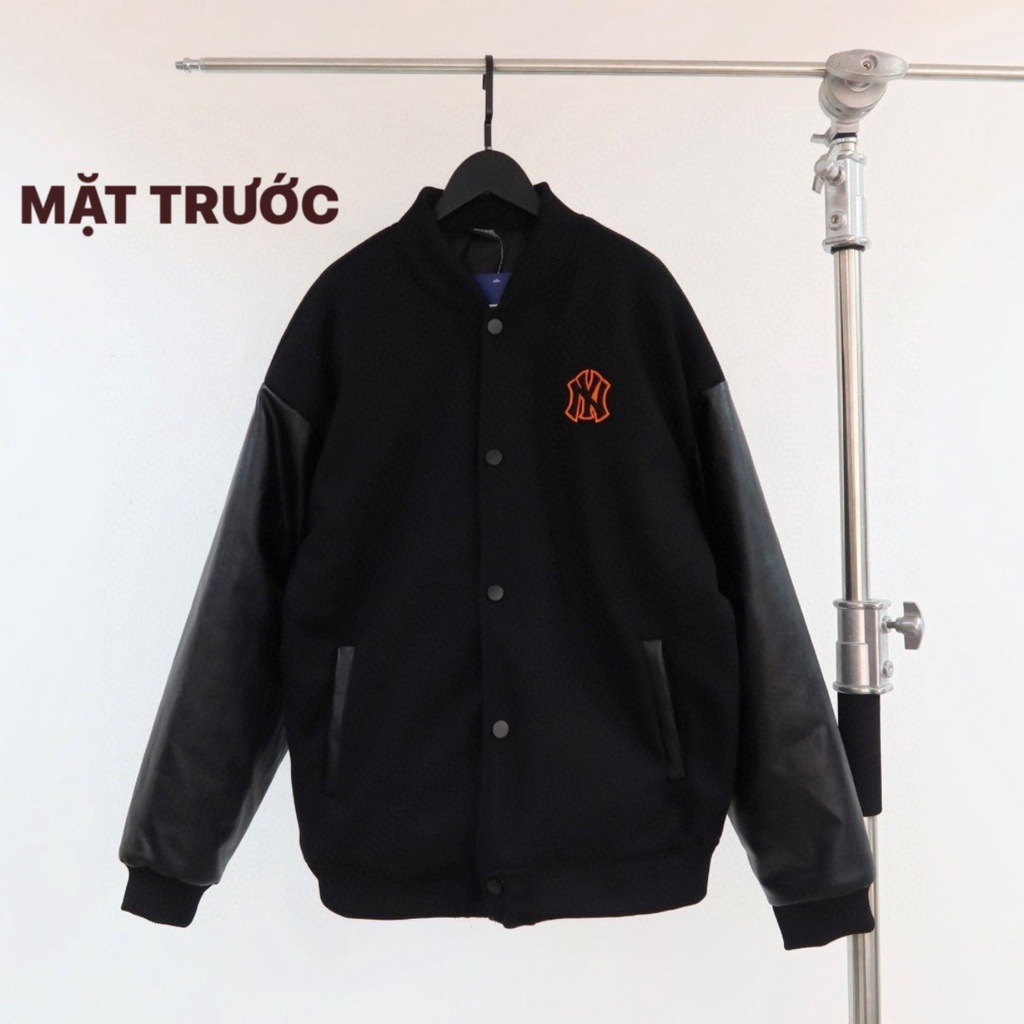Áo khoác Bomber Varsity M.L.B Ny Thêu Logo Cam Form Rộng Phối Tay Da - Best Quality  - De Storm