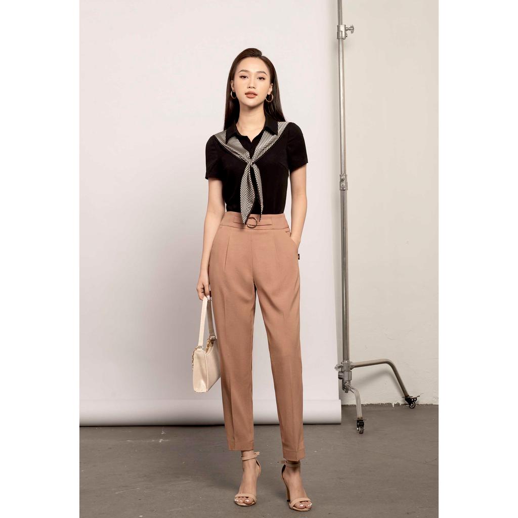 Áo sơ mi cổ đức, cộc tay, phối dây buộc kẻ caro nhỏ MMOutfit M-AO071021216