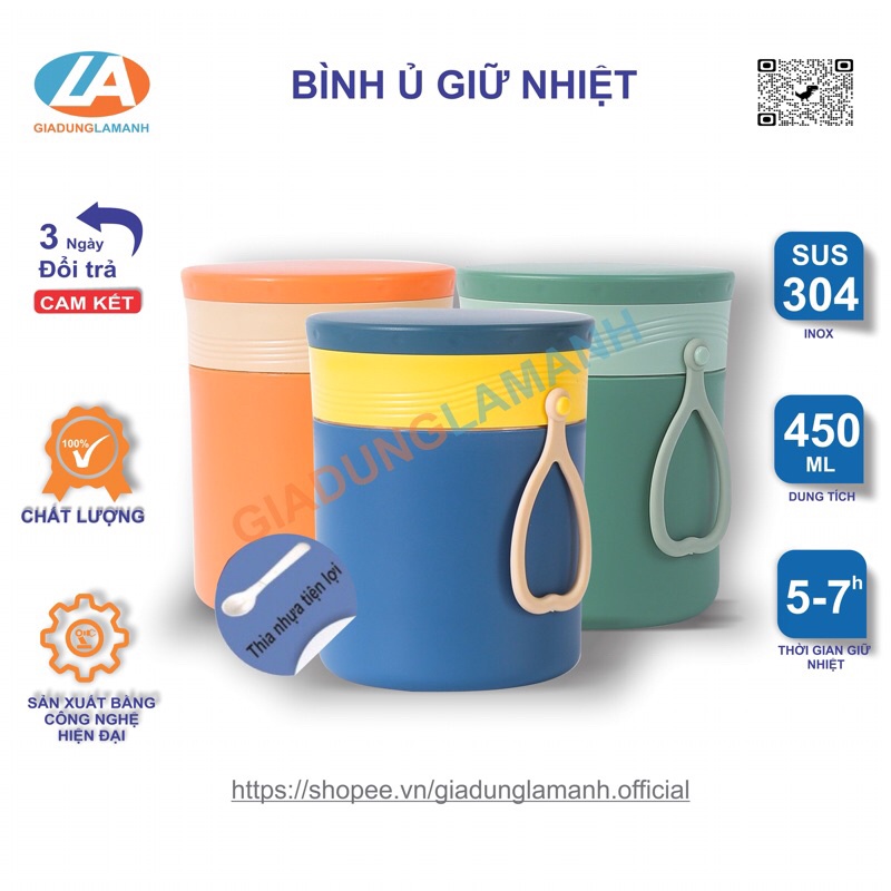 Cốc đựng cháo, đựng đồ ăn  2 lớp, (ruột Inox 304) kèm muỗng, 2 lớp, gọn nhẹ, tiện lợi