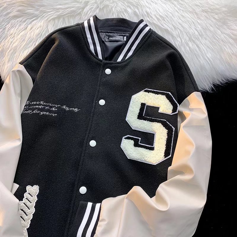 Áo khoác nỉ bóng chày dáng rộng thêu họa tiết phong cách retro thời trang cho nam