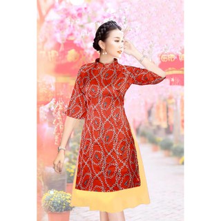 GIÁ XƯỞNG - Áo dài cách tân gấm in 3D dây xích đỏ