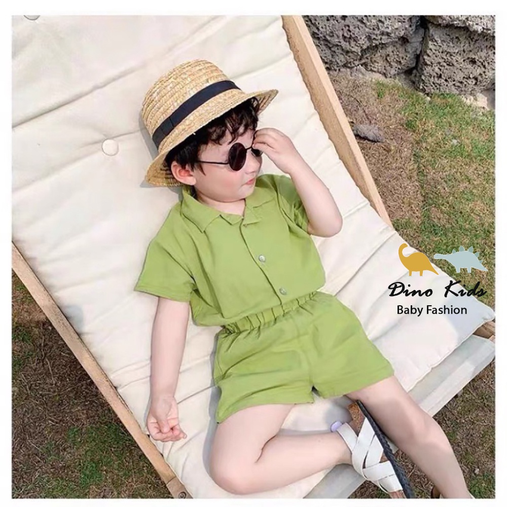 Bộ quần áo bé trai phong cách Hàn Quốc chất đũi, Bộ đũi trơn cổ vest đi biển cho bé size 10-30kg