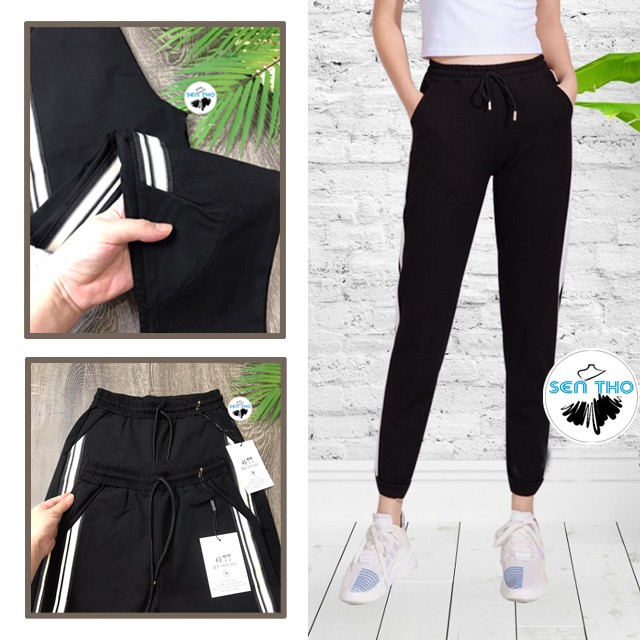 Quần Jogger Nữ Sọc Trắng,  Dáng Dài, Thể Thao Có Dây Buộc, Chất Umi Dày Dặn, Co Giãn Tốt