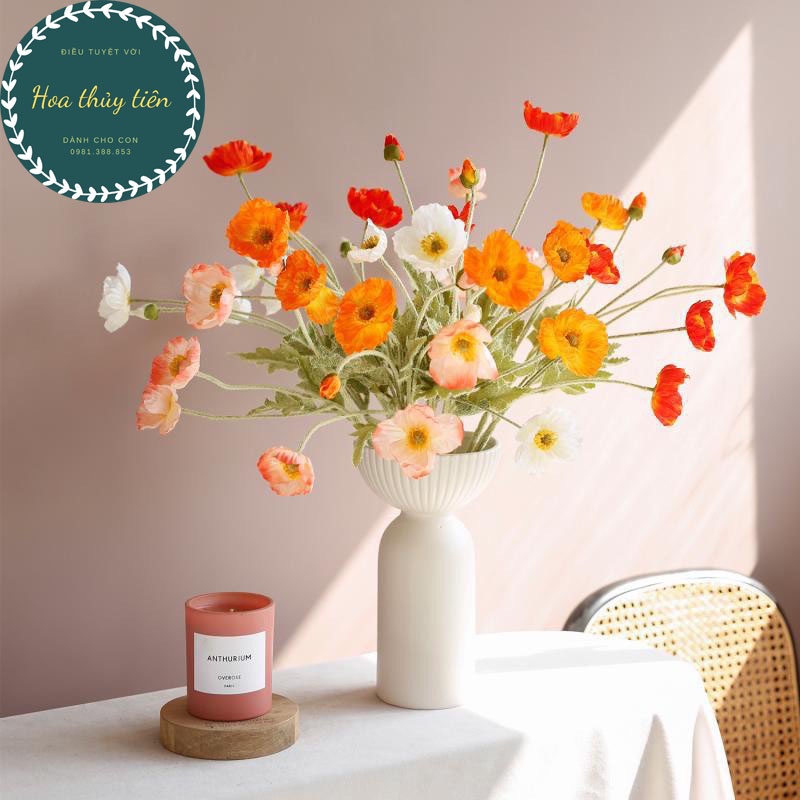 Hoa giả decor - Hoa anh túc 3 bông 1 nụ trang trí phòng để bàn Phanlee chất liệu lụa cao cấp thân phủ lông giống thật