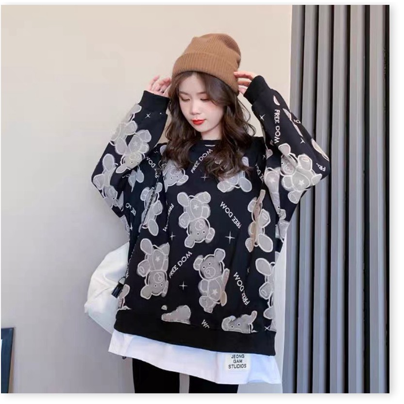 ÁO HOODIE PHỐI TÀ TRẮNG PHỦ MÔNG HỌA TIẾT GẤU TEDDY 3D THỜI TRANG GIỚI TRẺ