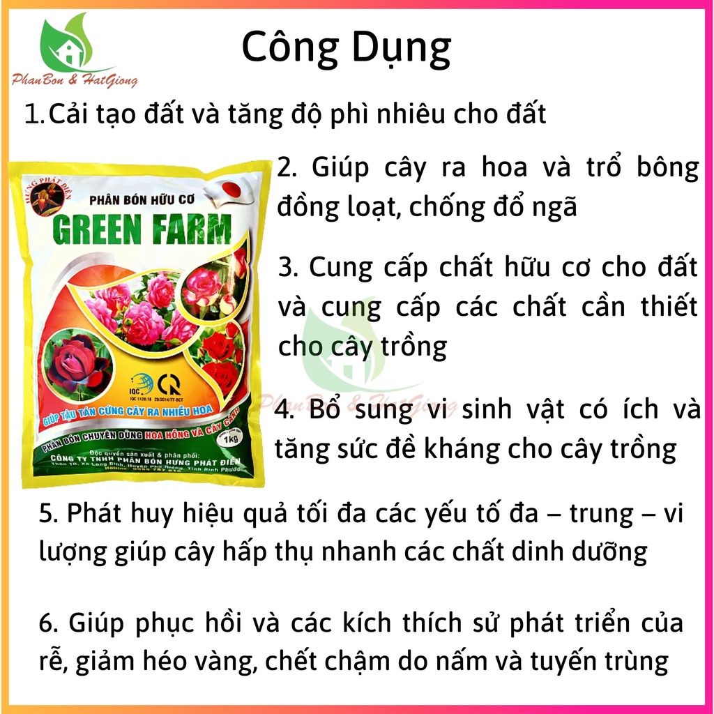 Phân Bón Hữu Cơ Hoa Hồng Phân Bón Hoa Hồng, Cây Cảnh GREEN FARM Gói 1kg