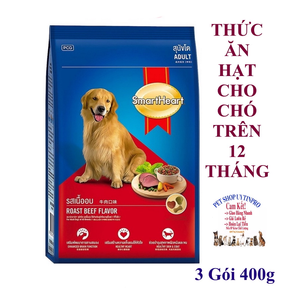 3 Gói Thức ăn hạt cho Chó trưởng thành Smartheart Vị thịt bò nướng gói 400g Xuất xứ Thái lan Dinh dưỡng hoàn chỉnh
