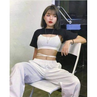 áo croptop cộc tay trắng đen tặng kèm áo dây quấn bụng (Set croptop Birkin)