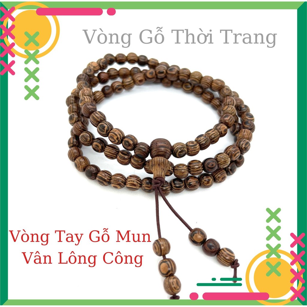 Vòng áo sơ mi tay gỗ mun lông công 108 hạt size 6mm
