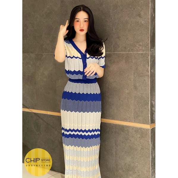SET ÁO - CHÂN VÁY LEN DỆT HOẠ TIẾT KẺ SỌC KOREA (ảnh thật)