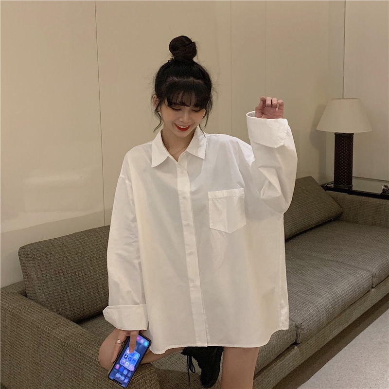 Áo Sơ Mi Trắng Tay Dài Dáng Rộng Thời Trang Cho Nữ 2021 Mới