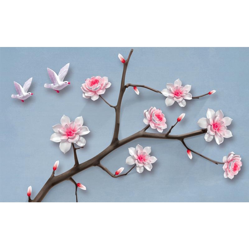 Tranh dán tường Cành hoa và đôi chim GL0649 phủ kim sa nhiều kích thước