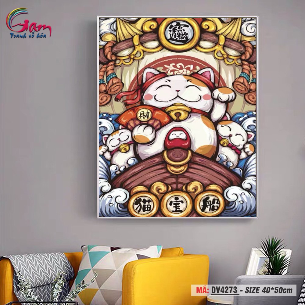Tranh trang trí tự tô màu theo số Gam Mèo chiêu tài DV4273