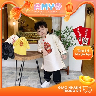 Áo dài bé trai set đồ Tết cho bé trai kèm quần lanh đen AMYO 11.BAD03.02-2