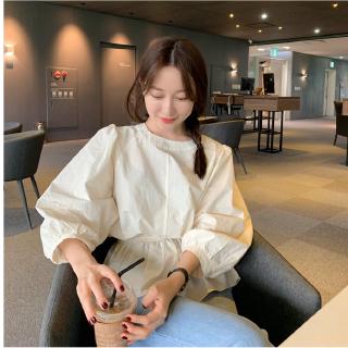 Áo sơ mi dài tay cổ tròn màu trơn phong cách Hàn Quốc giản dị dành cho nữ