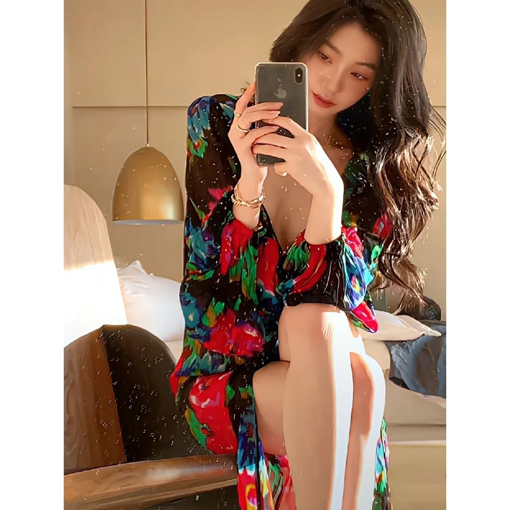 Bán Chạy!F &amp; X Đầm Dài Tay Dài Đến Mắt Cá Chân In Hoa Phong Cách Pháp Cao Cấp Thời Trang Mùa Hè