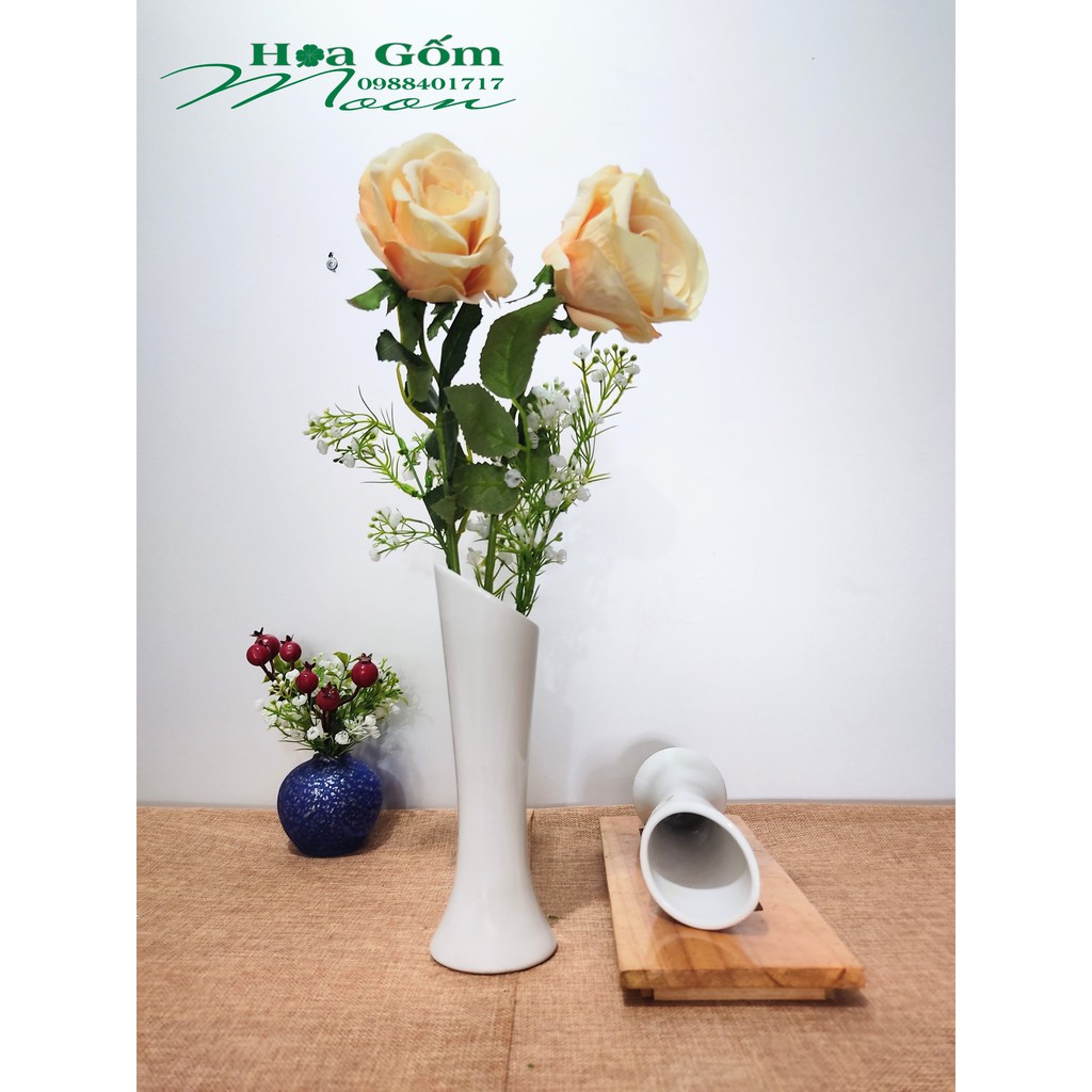 Lọ Hoa Gốm Sứ Miệng Xéo , Sứ Trắng Cao Cấp Cao 21 cm