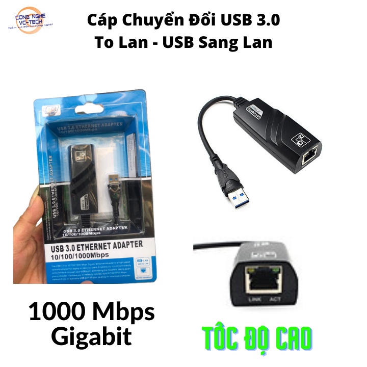 Cáp Chuyển Đổi USB 3.0 To Lan - USB Sang Lan/Cáp Chuyển Đổi USB 3.0 To Lan 10-100-1000 Mbps Gigabit