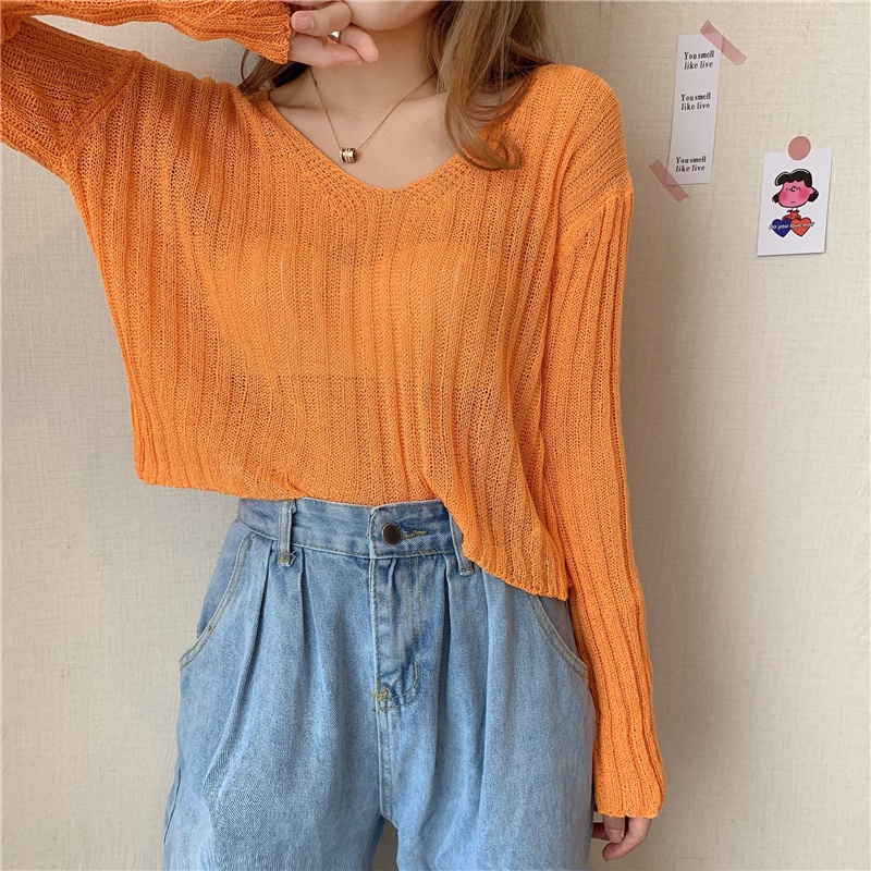 Áo Thun Dệt Kim Tay Dài Cổ Chữ v Mỏng Chống Nắng Phong Cách Hàn Quốc Mới Cho Nữ