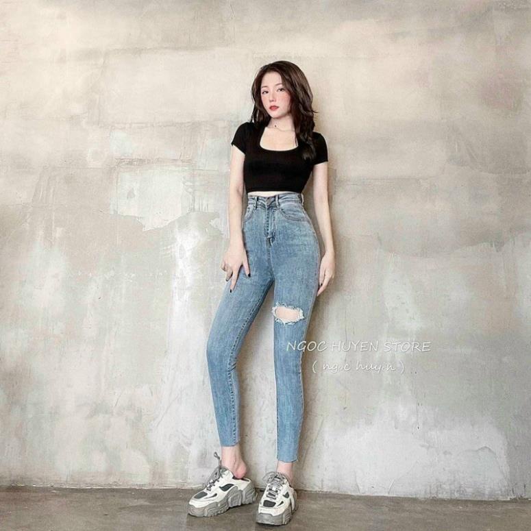 Quần jeans RÁCH 005 ôm body lưng siêu cao rách gối JZ0T *