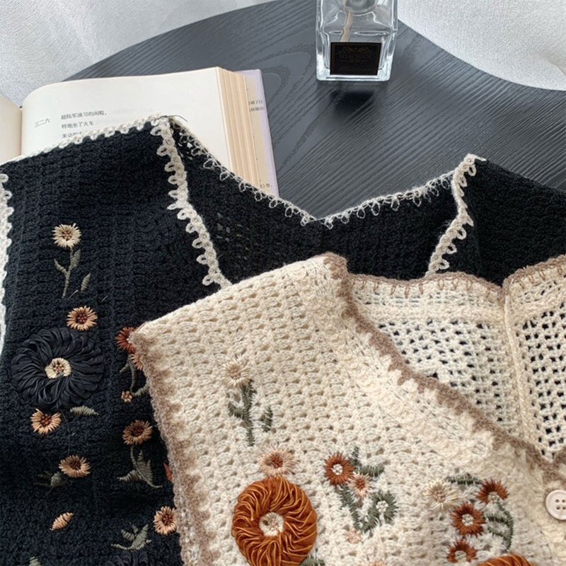 Áo Khoác Cardigan Dệt Kim Không Tay Cổ Chữ V Cài Nút Thêu Họa Tiết Hoa Lá Thời Trang Mùa Xuân Cho Nữ