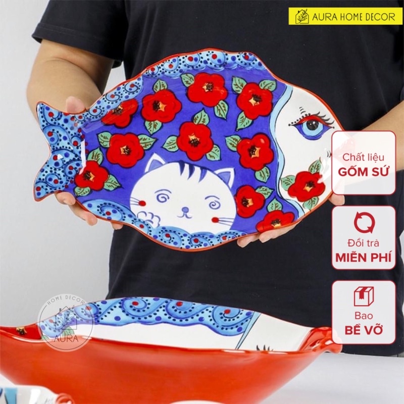 [HÀNG MỚI - CÓ SẴN] Bát, tô, đĩa gốm sứ mỹ nghệ Âu Mỹ OMK hình cá sặc sỡ - Hoạ tiết hoa đỏ xanh, sống động tươi sáng