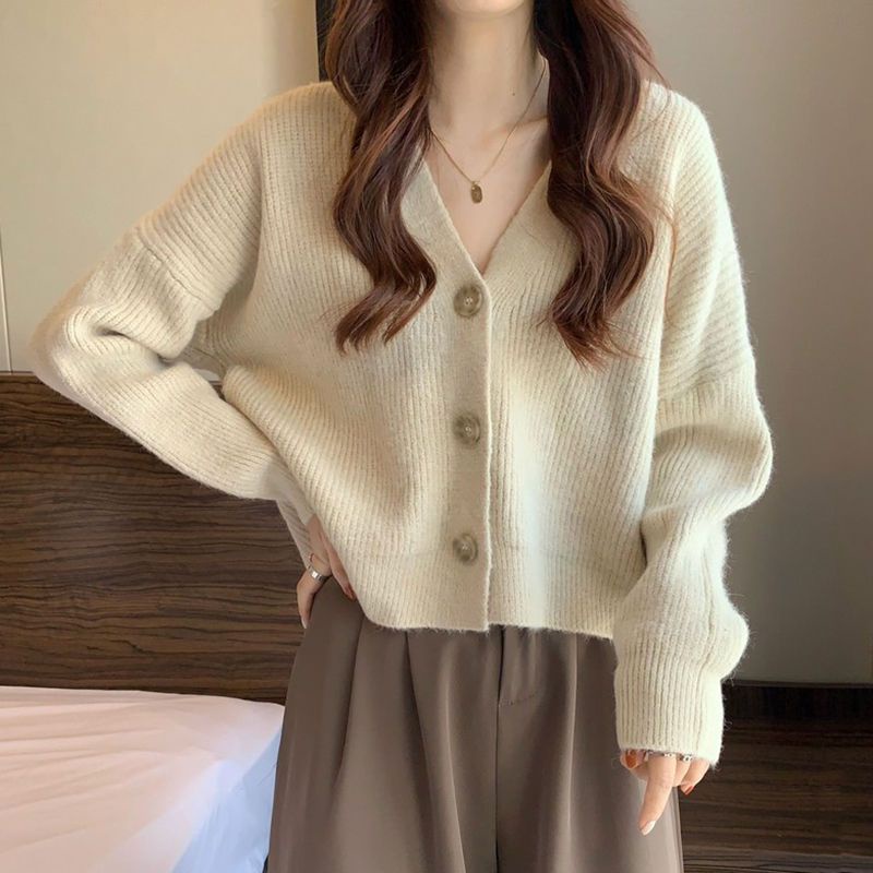 Áo Khoác Cardigan Dệt Kim Tay Dài Cổ Chữ V Dáng Rộng Màu Xanh Bơ Phong Cách Preppy Thời Trang Thu Đông Cho Nữ