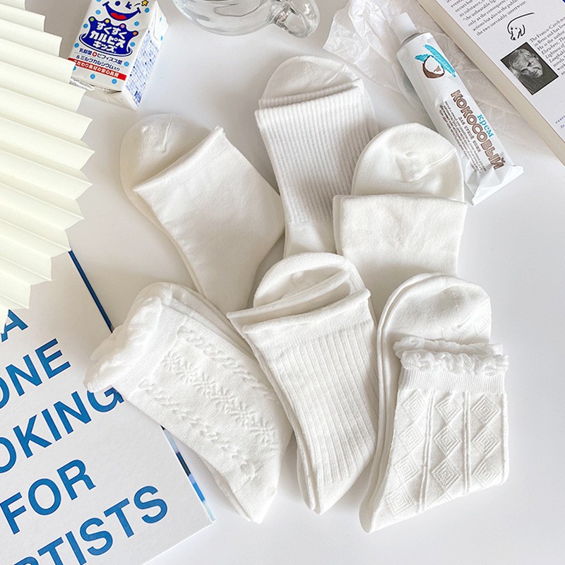 Tất cổ cao, vớ nhún cổ cao nữ trắng vải cotton co giãn thời trang Hàn Quốc