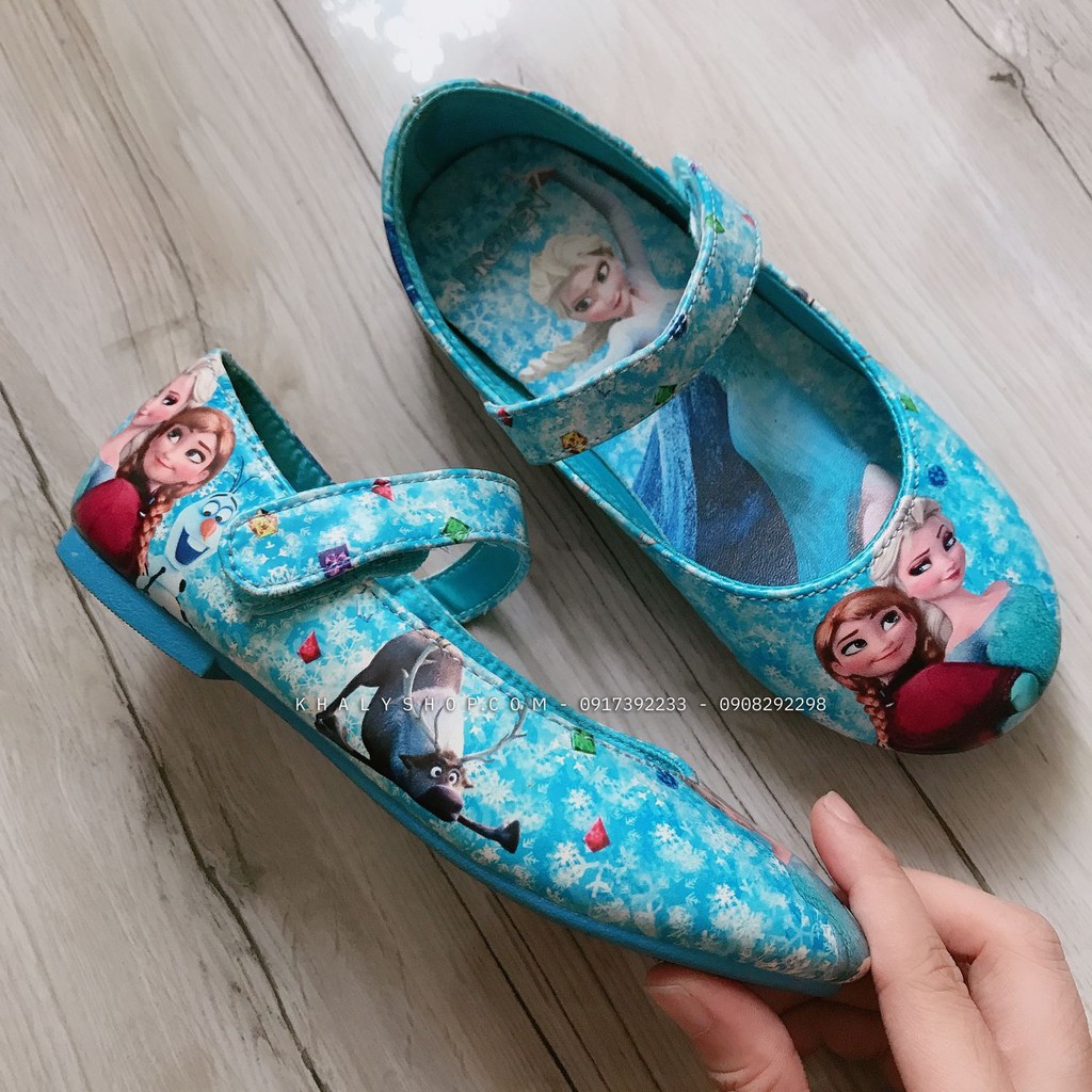 Giày bít, giày búp bê có quai cho bé gái hình công chúa Anna, Elsa (Frozen) màu xanh siêu xinh size 28 (Korea)- GBBFZX28