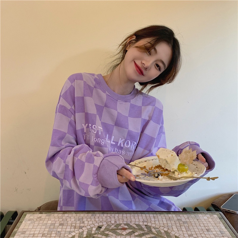 Áo sweater tay dài dáng rộng sọc ca rô phối màu sắc tương phản trẻ trung thời trang dành cho nữ | BigBuy360 - bigbuy360.vn