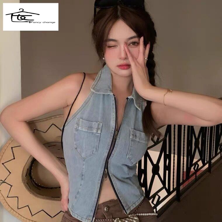 Hàng Có Sẵn Bán Chạy~Áo Denim Hai Dây Dáng Ngắn Có Khóa Kéo Phong Cách Mùa Hè Cho Nữ