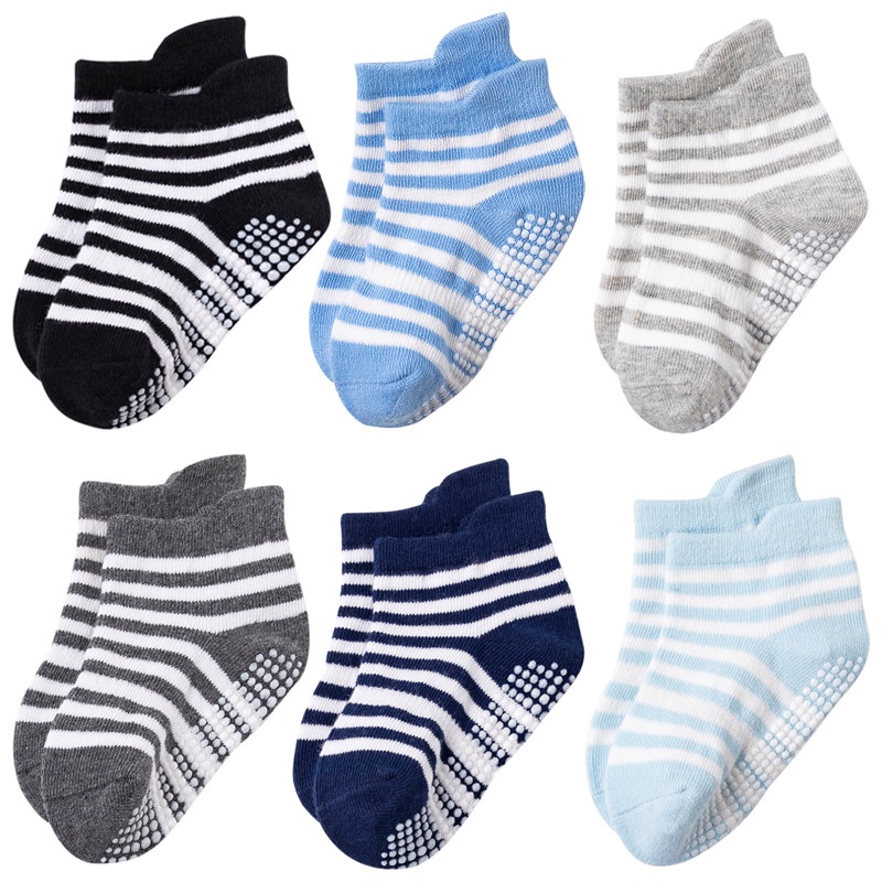 Set 6 đôi vớ cotton kẻ sọc ô lưới chấm bi chống trơn cho bé trai gái trẻ sơ sinh 0-3 tuổi