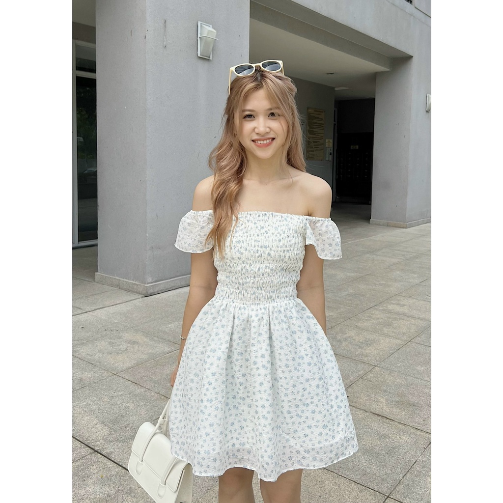 Đầm bẹt vai xoè kiểu nhún ngực vải hoa xinh xắn PEONY DRESS - Sibling House