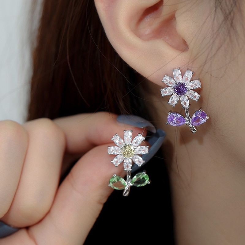 Khuyên tai Pinkdudu PD762 kiểu hoa tím bằng hợp kim đính đá zircon thời trang cho nữ