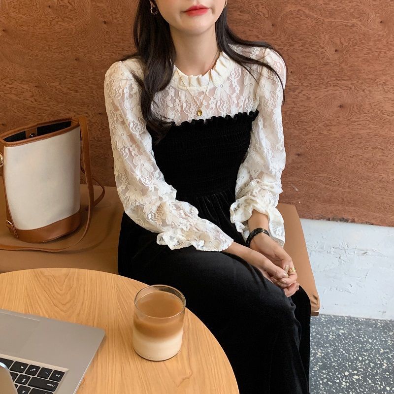 Đầm Perty nhung phối ren thời trang mùa thu Hàn Quốc cho nữ