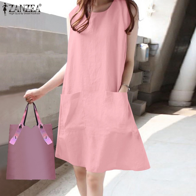 Đầm midi ZANZEA không tay cổ tròn có túi phía trước dành cho nữ